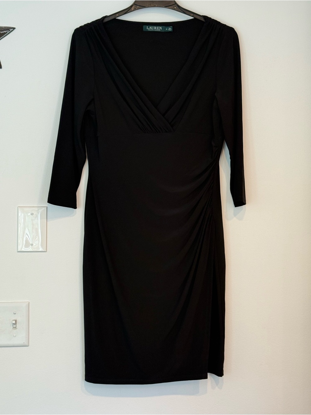 Ralph Lauren Black V-Neck Ruched Long Sleeve Sheath Dress